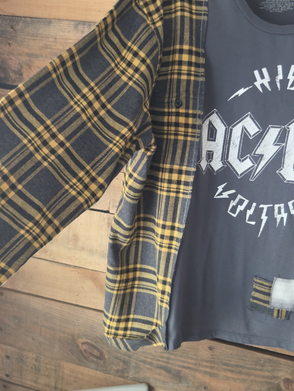 Upcycled AC/DC  High Voltage Grey Graphic Tee with Yellow Plaid Sleeves. - Picture 11 of 12